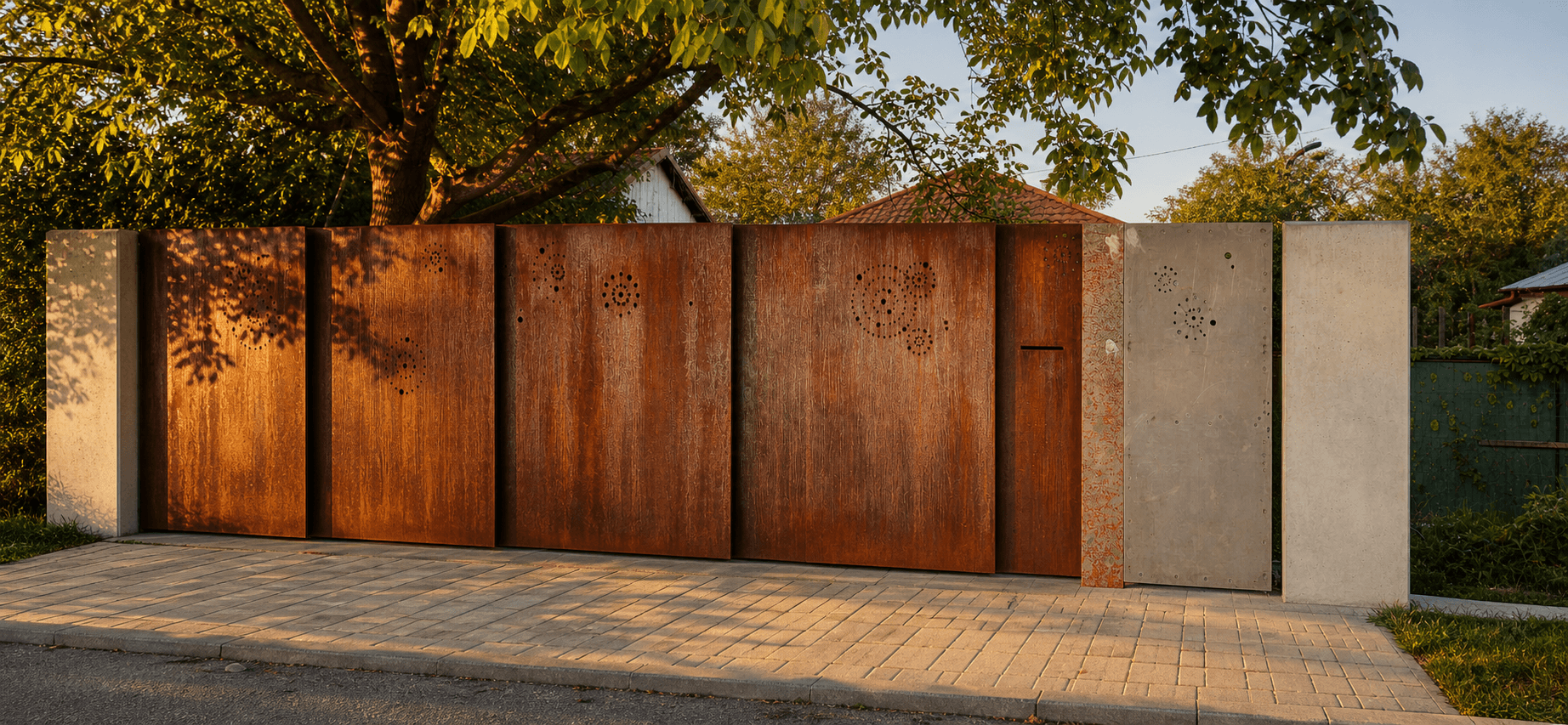 Ansamblu gard corten cu poartă și stâlpi din beton