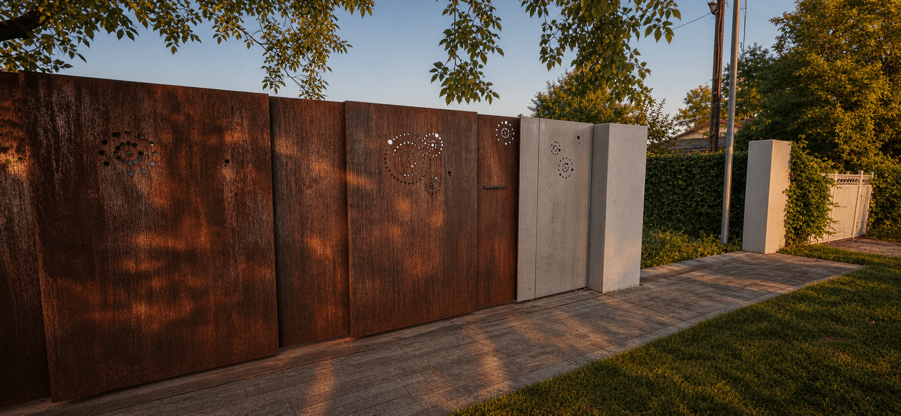 Gard corten — lumina caldă a apusului pe perforații